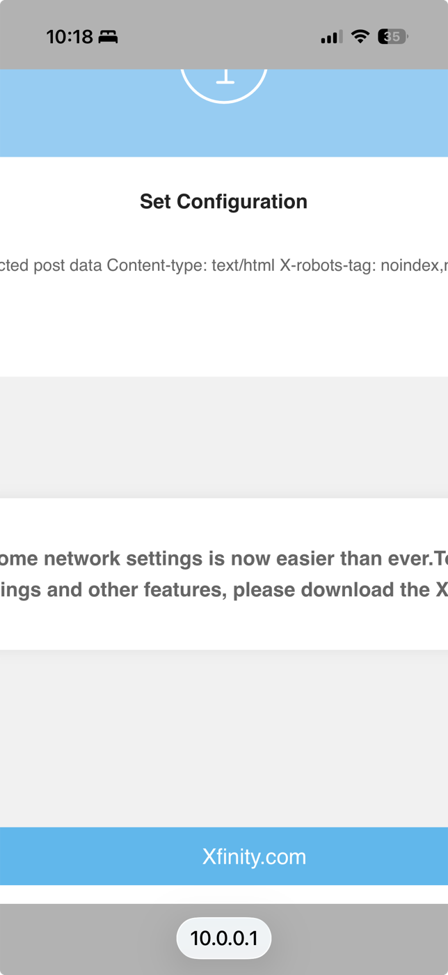A page at 10.0.0.1 showing Xfinity home-network content instead of the ExpressLRS interface