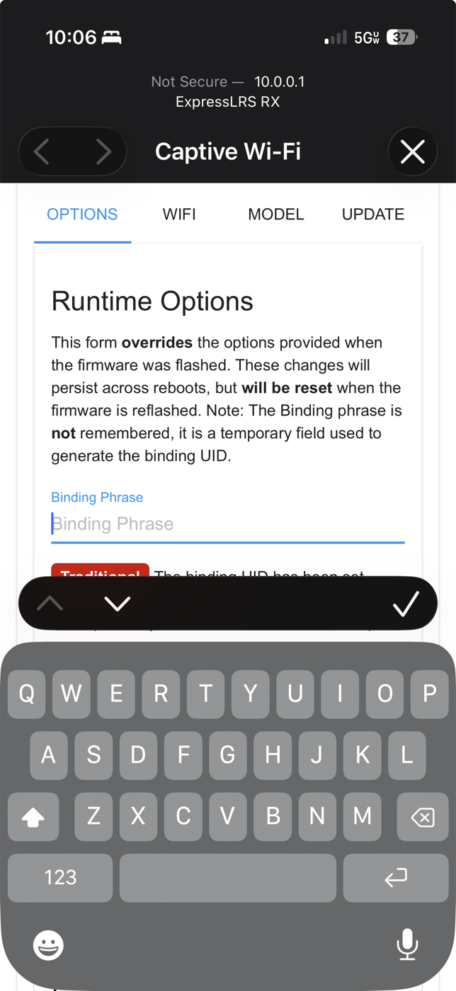 The iOS Captive Wi-Fi mini browser showing the ExpressLRS page with OPTIONS WIFI MODEL UPDATE tabs