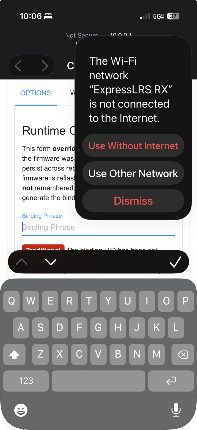 iOS prompt: the Wi-Fi network ExpressLRS RX is not connected to the Internet, with options Use Without Internet, Use Other Network, Dismiss
