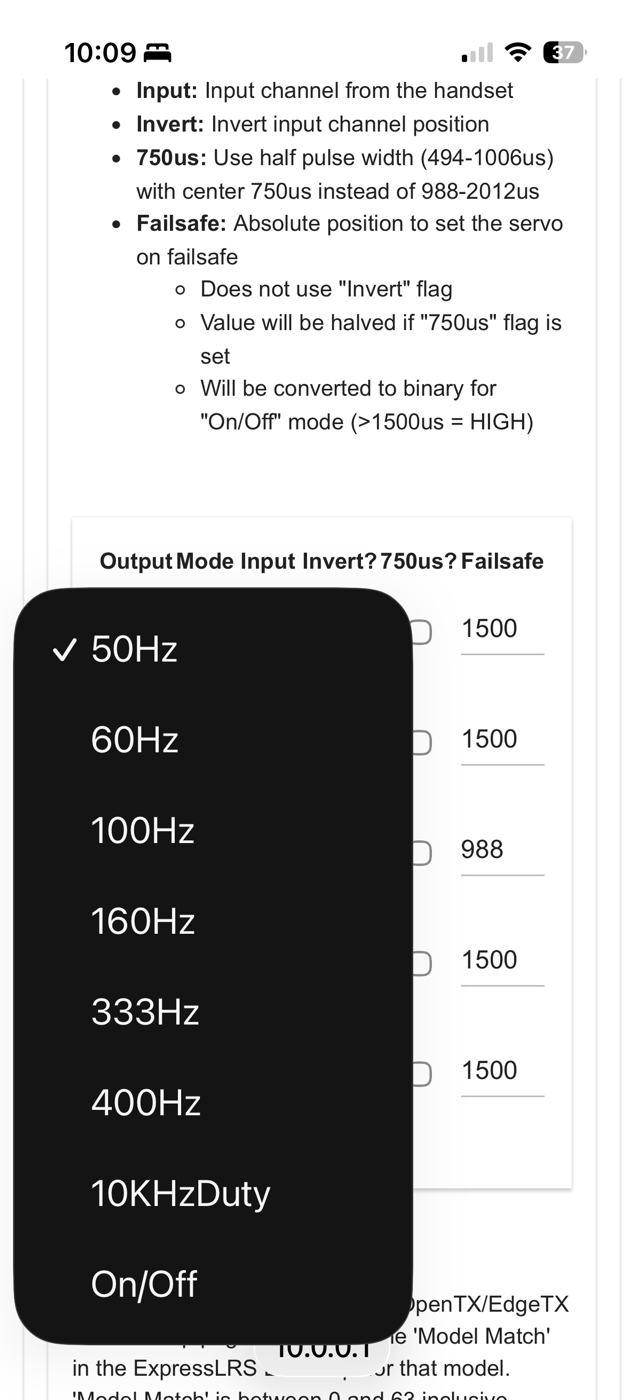 Mode dropdown on output row 1 listing 50Hz through 400Hz, 10KHzDuty and On/Off, with no Serial option