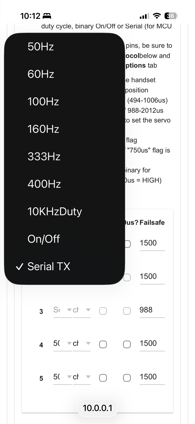 Mode dropdown on output row 2 showing the same list plus Serial TX at the bottom, checked