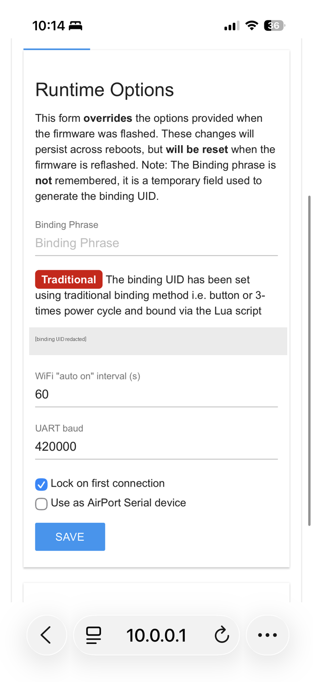 ExpressLRS Runtime Options showing the binding UID field (redacted), WiFi auto-on interval 60, and UART baud 420000