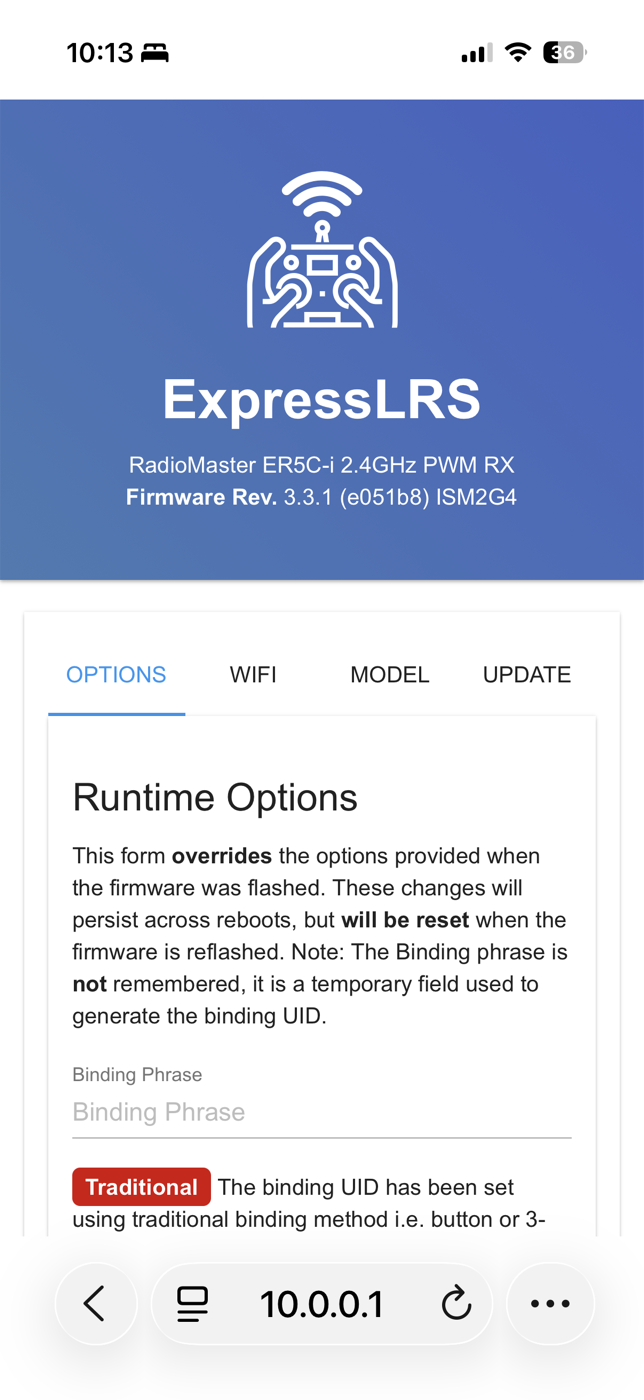 ExpressLRS web UI in Safari: blue header reading RadioMaster ER5C-i 2.4GHz PWM RX, Firmware Rev 3.3.1, and four tabs OPTIONS WIFI MODEL UPDATE