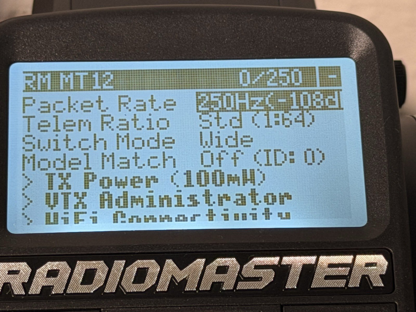 MT12 ExpressLRS Lua config screen showing packet rate 250Hz, telemetry ratio, switch mode, Model Match off, TX power, and a 0/250 link-quality reading in the header