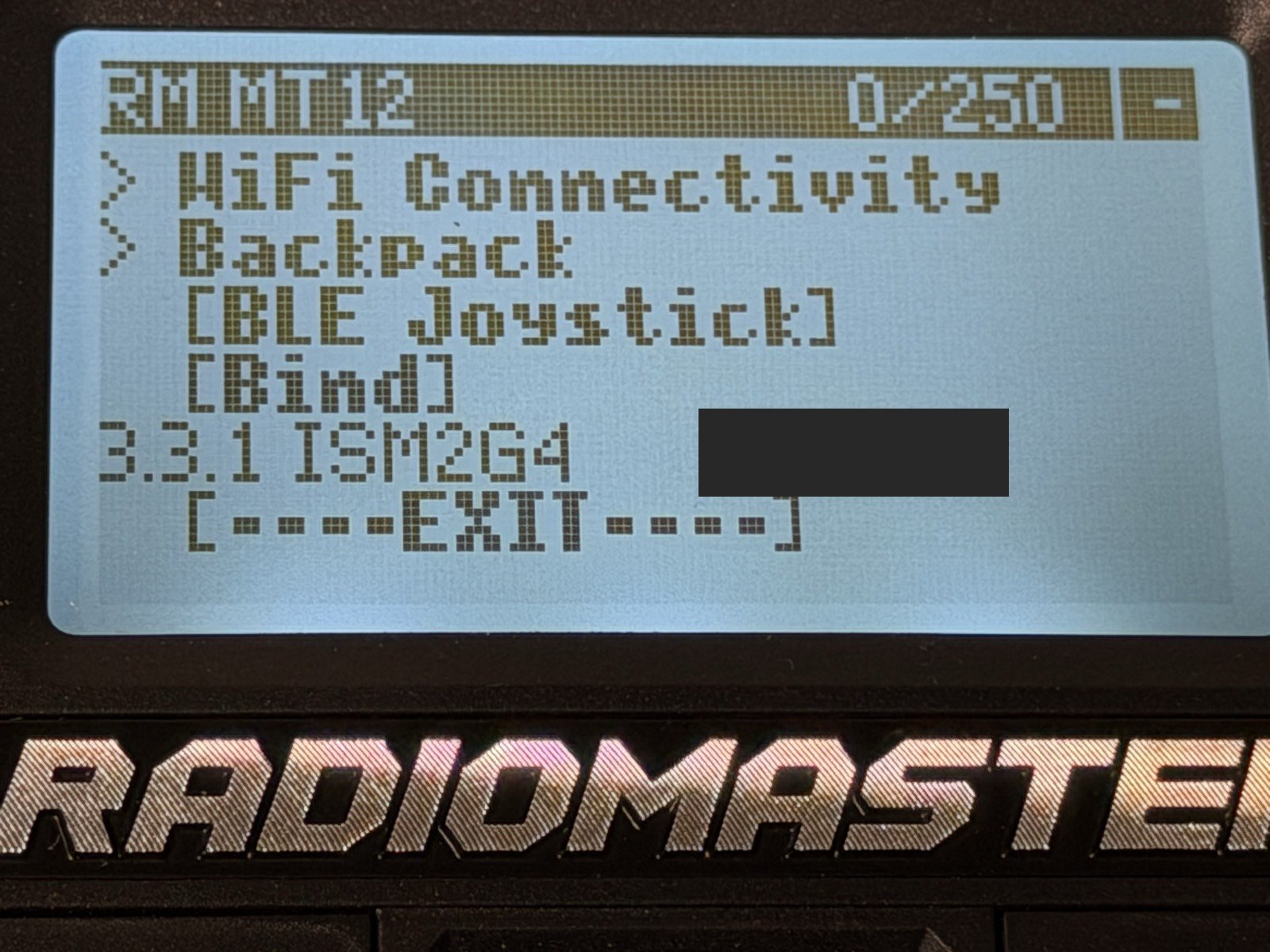 MT12 ExpressLRS Lua screen, bottom: the Bind entry above a version line reading 3.3.1 ISM2G4