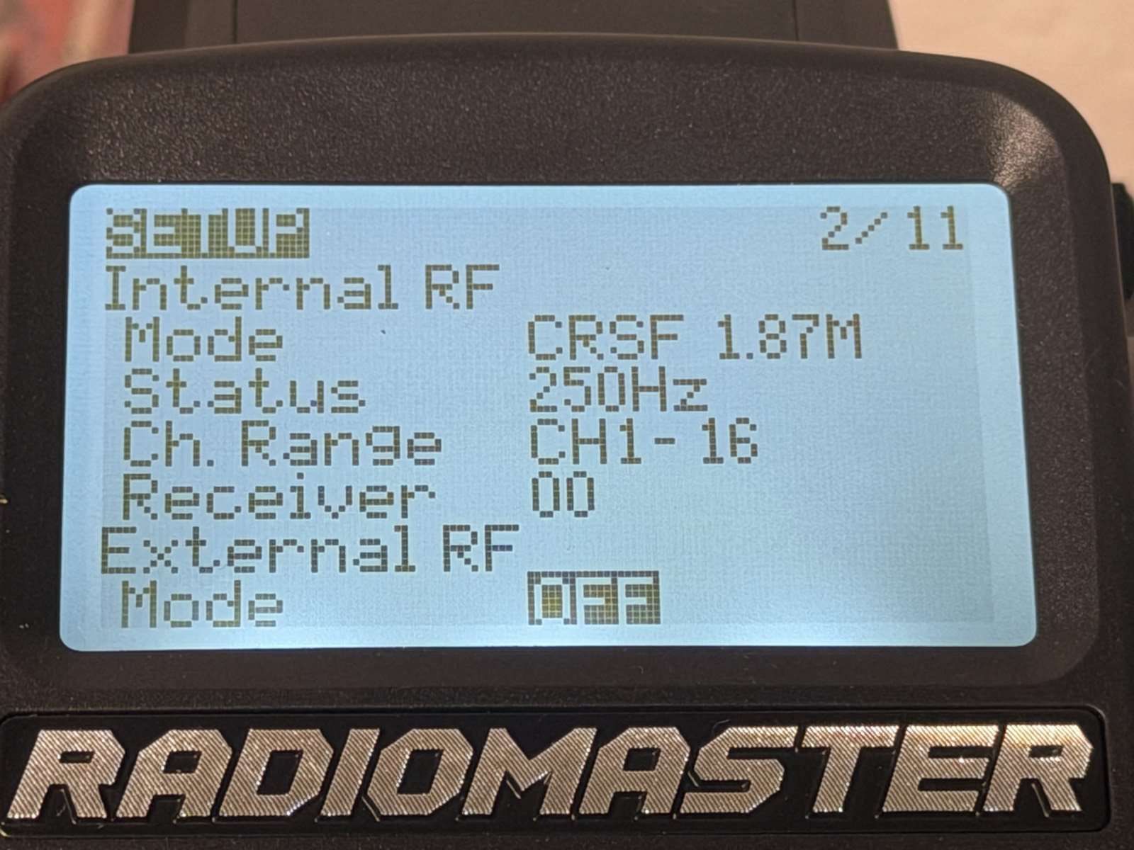 MT12 Model Setup page showing Internal RF mode CRSF 1.87M at 250Hz over channels 1-16